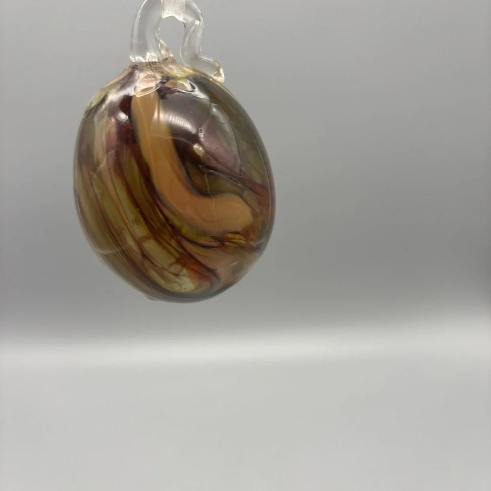 Ornament Hand Blown Art Glass Oval Brown & Amber Swirl‎ Imperfections